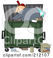 Man Digging Inside A Dumpster With A Blank Sign For Text Space On The Front