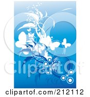 Poster, Art Print Of Background Of Butterflies Bubbles And Foliage On Blue