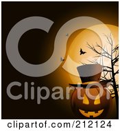 Poster, Art Print Of Grinning Jack O Lantern Wearing A Hat Against A Full Moon Bare Tree And Bats
