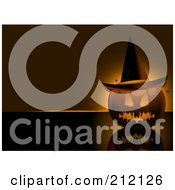 Royalty Free RF Clipart Illustration Of A Creepy Jackolantern Wearing A Witch Hat On A Reflective Background by elaineitalia
