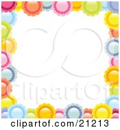 Poster, Art Print Of Border Of Colorful Pink Yellow Orange Blue And Green Flowers Over A White Background