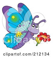 Royalty Free RF Clipart Illustration Of A Cute Purple And Blue Butterfly With A Flower