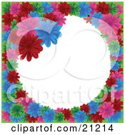 Poster, Art Print Of Circular Floral Frame Of Red Pink Green And Blue Daisies Over White