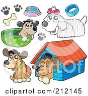 Royalty Free RF Clipart Illustration Of A Digital Collage Of Four Dogs Bones Dishes Collars And A Dog House