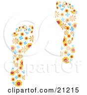 Poster, Art Print Of Two Footprints With Retro Orange And Blue Flower Patterns On A White Background
