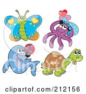 Royalty Free RF Clipart Illustration Of A Digital Collage Of A Butterfly Octopus Seal And Tortoise