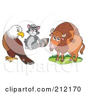 Royalty Free RF Clipart Illustration Of A Digital Collage Of A Bald Eagle Raccoon And Bison by visekart