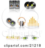 Collection Of Speaker Vinyl Record Discs Headphones Volume Equalizer Music Notes And Cable Icons With Shadows