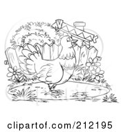 Royalty Free RF Clipart Illustration Of A Coloring Page Outline Of A Chicken By A Fence