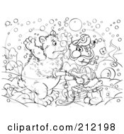 Royalty Free RF Clipart Illustration Of A Coloring Page Outline Of A Man Holding A Gun Up To A Bear