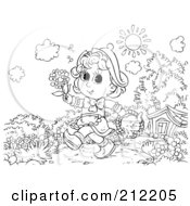 Royalty Free RF Clipart Illustration Of A Coloring Page Outline Of A Girl Carrying A Basket And Flowers