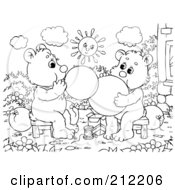 Poster, Art Print Of Coloring Page Outline Of Bear Cubs Blowing Up Balloons