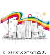 Royalty Free RF Clipart Illustration Of A Rainbow Flowing Through A Sketched City by BNP Design Studio