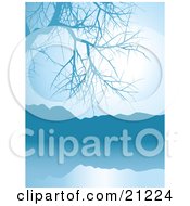 Poster, Art Print Of Blue Lake Scene With A Bare Tree And Mountains Around Still Waters