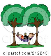 Poster, Art Print Of Relaxed Brunette Man With A Beverage Sleeping In A Hammock Between Two Trees