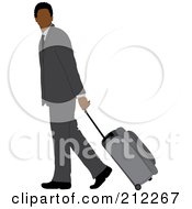 Poster, Art Print Of Faceless Black Businessman In A Gray Suit Walking And Pulling Rolling Luggage