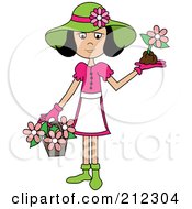 Poster, Art Print Of Black Haired Lady In A Hat With Flowers In A Basket And A Flower In Her Hand