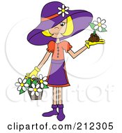 Poster, Art Print Of Blond Lady In A Hat With Flowers In A Basket And A Flower In Her Hand