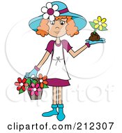 Poster, Art Print Of Red Haired Lady In A Hat With Flowers In A Basket And A Flower In Her Hand
