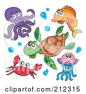 Royalty Free RF Clipart Illustration Of A Digital Collage Of An Octopus Fish Sea Turtle Crab And Jellyfish