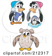 Royalty Free RF Clipart Illustration Of A Digital Collage Of Cute Penguins And An Owl