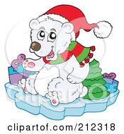 Christmas Polar Bear With Presents And A Tree On An Iceberg