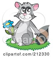 Poster, Art Print Of Cute Raccoon Sitting In Grass And Holding A Flower