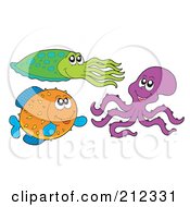 Digital Collage Of A Squid Octopus And Puffer Fish