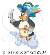 Cute Penguin Pirate Holding A Sword And Standing On An Iceberg