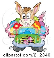 Poster, Art Print Of Happy Easter Rabbit Driving A Car Full Of Eggs