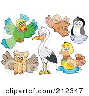 Royalty Free RF Clipart Illustration Of A Digital Collage Of A Parrot Owl Heron Penguin Bird And Duck
