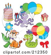 Royalty Free RF Clipart Illustration Of A Digital Collage Of A Party Octopus Cake Present Cat And Snake