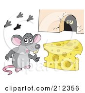 Poster, Art Print Of Cute Gray Mouse By Cheese And A Hole