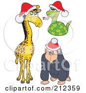Digital Collage Of A Christmas Giraffe Snake And Gorilla
