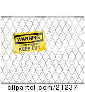 Clipart Illustration Of A Yellow Sign On A Wire Fence Reading Warning Private Property Keep Out by elaineitalia