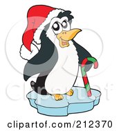 Royalty Free RF Clipart Illustration Of A Cute Christmas Penguin On Ice With A Candy Cane