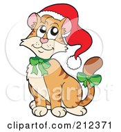 Poster, Art Print Of Cute Christmas Cat Wearing A Santa Hat And Green Bows