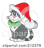 Poster, Art Print Of Gray Christmas Cat Wearing A Santa Hat