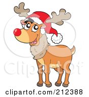 Poster, Art Print Of Happy Reindeer With A Red Nose And Santa Hat