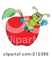Poster, Art Print Of Green Worm Waving From An Apple