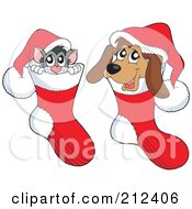 Royalty Free RF Clipart Illustration Of A Digital Collage Of A Cat And Dog In Christmas Stockings by visekart