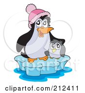 Poster, Art Print Of Cute Baby Penguin And Mother On An Iceberg