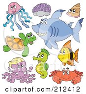 Royalty Free RF Clipart Illustration Of A Digital Collage Of A Jellyfish Corals Sea Turtle Octopus Seahorse Shark Shells Fish And Crab