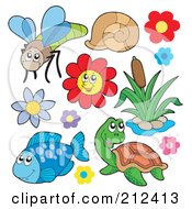 Digital Collage Of A Dragonfly Snail Flowers Cattails Fish And Turtle