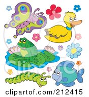 Royalty Free RF Clipart Illustration Of A Digital Collage Of A Butterfly Duck Frog Caterpillar Fish And Flowers by visekart