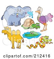 Poster, Art Print Of Digital Collage Of An Elephant Tortoise Ostrich Camel Alligator And Snake