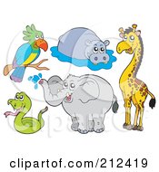 Royalty Free RF Clipart Illustration Of A Digital Collage Of A Parrot Hippo Giraffe Elephant And Snake