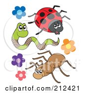 Poster, Art Print Of Digital Collage Of A Ladybug Worm And Ant With Flowers
