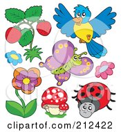 Poster, Art Print Of Digital Collage Of Strawberries A Bird Butterfly Flowers Mushrooms And Ladybug