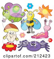 Royalty Free RF Clipart Illustration Of A Digital Collage Of A Butterfly Bee Flowers Mushroom Spider And Slug by visekart